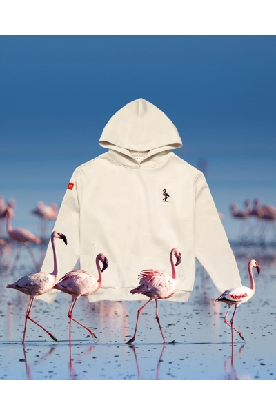Bluza damska Basic z kapturem z flamingiem karmazynowym - off white